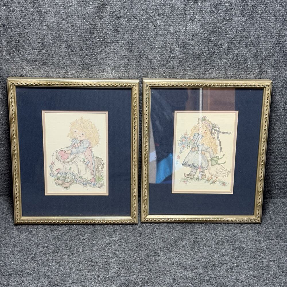Holly Hobbie Style Vintage Framed Country Girl Folk Art Signed By Kelly 1980’s